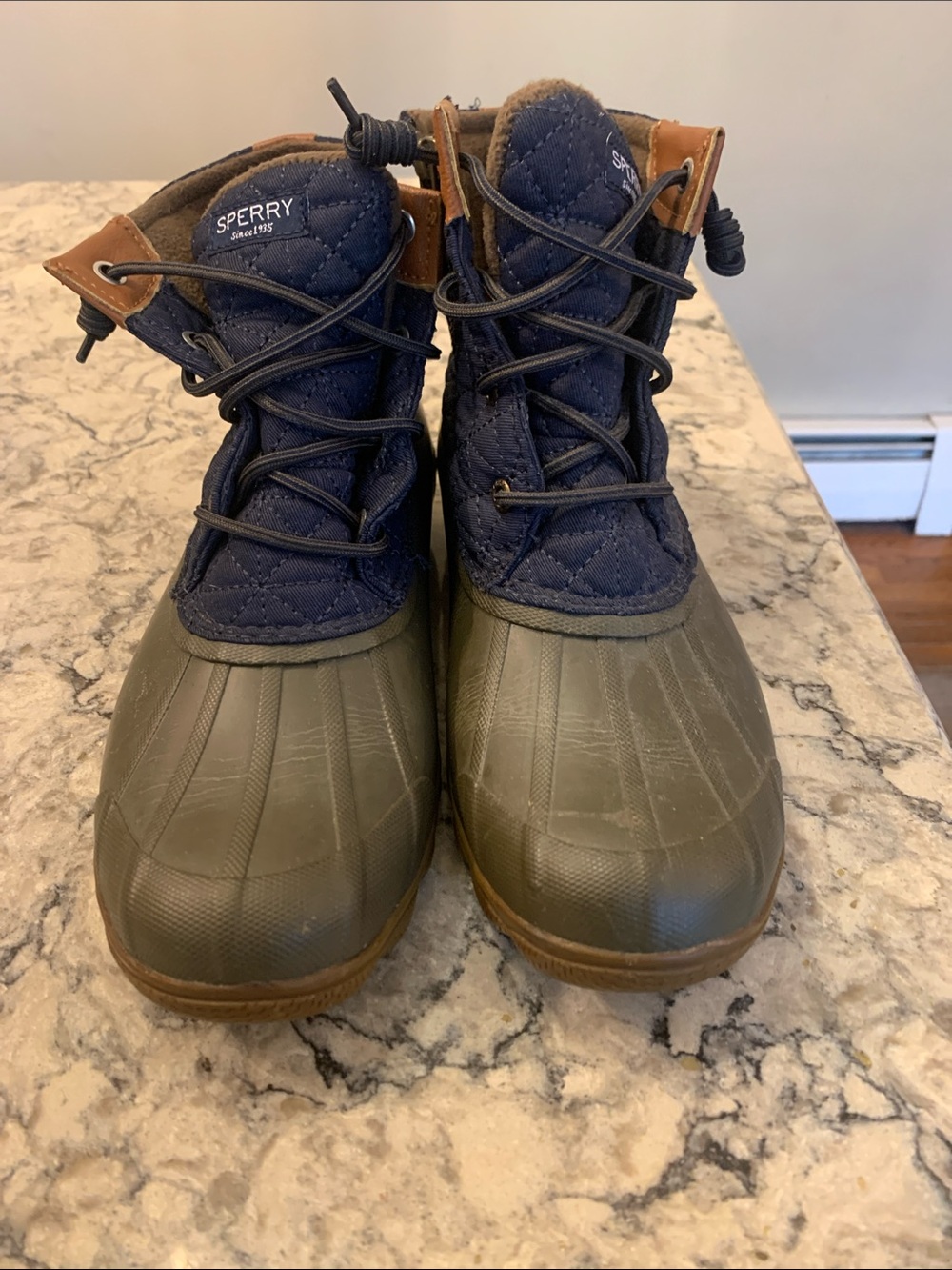 Sperry Quilted Navy and Olive Waterproof Duck Boots